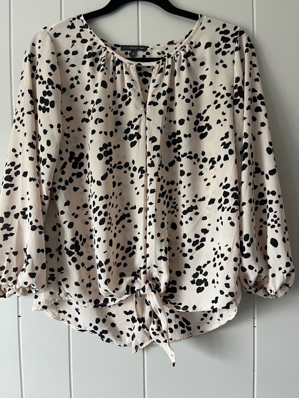 Woven Heart Cream Blouse with Black Spot Print and Tie Front